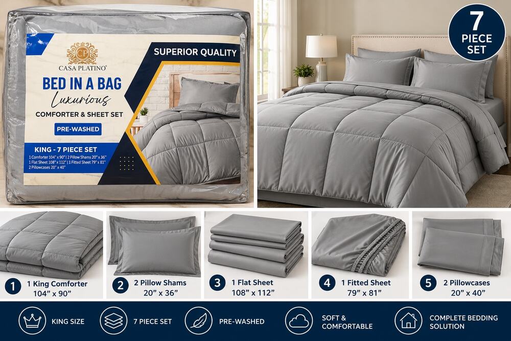 Casa Platino King 7 Piece Bed in a Bag Comforter Sheet Set Silver New
